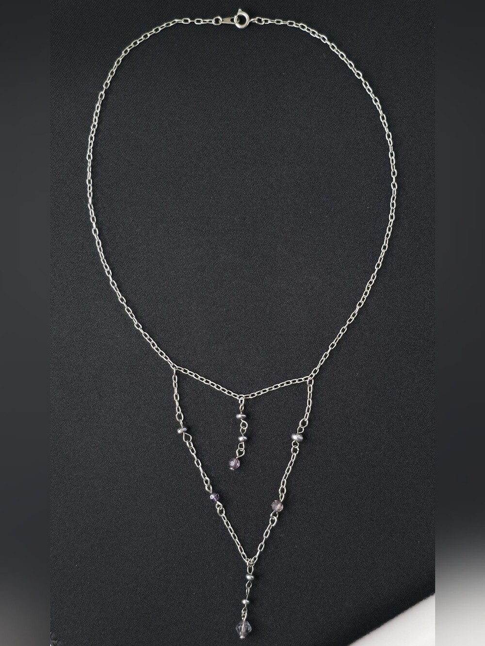 Silver Draped Y-Necklace Black Freshwater Pearls Crystals 11"